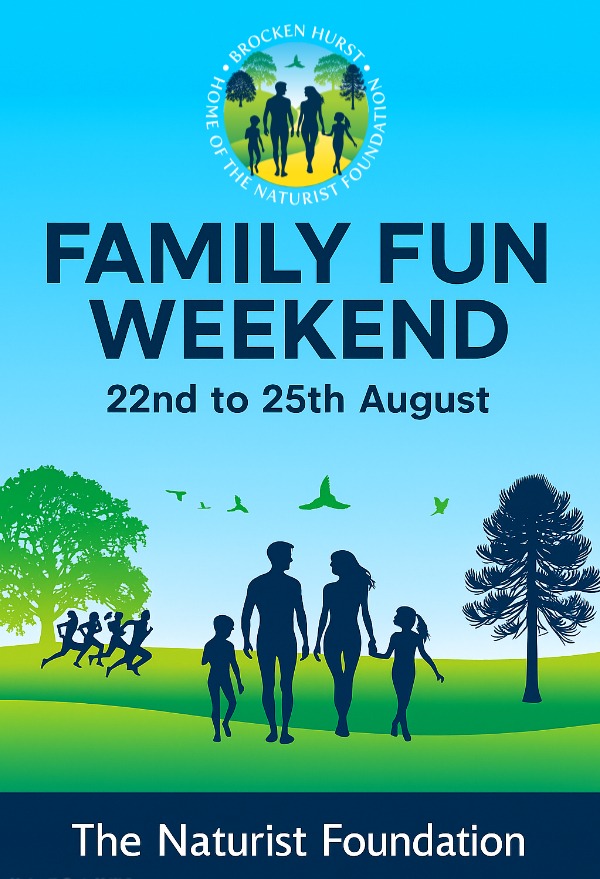 Naturist event flyer family fun weekend at Brocken Hurst 22nd August to 25th August 2025