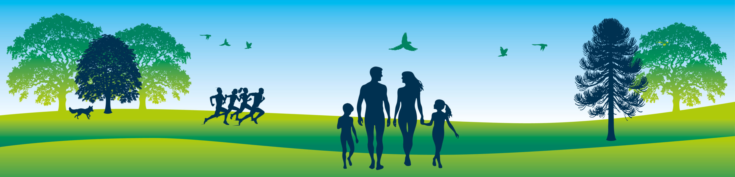 naturist-foundation-website-footer-brocken-hurst-featuring animated naturist family walking with birds naturist running and a fox in the UK