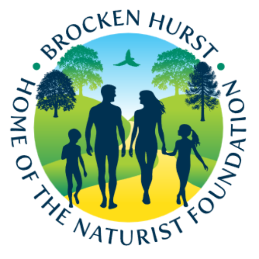 Brocken Hurst Naturist Foundation circular logo featuring animated naturist family walking